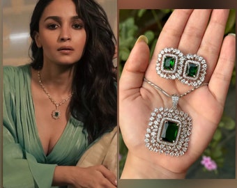 Alia Bhatt geïnspireerde Amerikaanse diamanten Doublet hangerset, smaragdgroen, saffierblauw, cz hanger, verzilverd, Indiase sieraden, prom