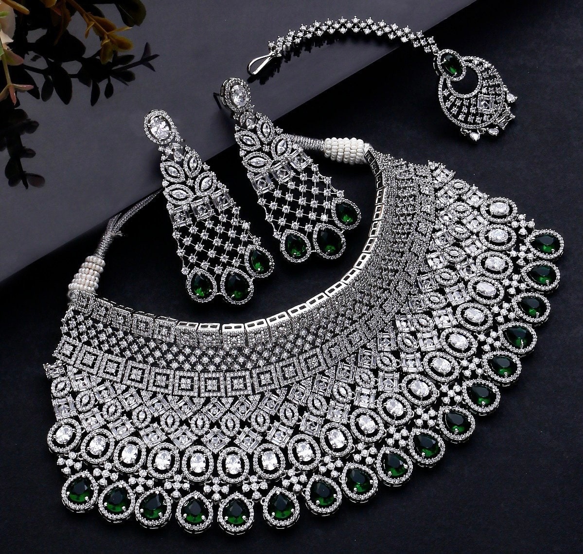 Heavy Bridal Emerald Green American Diamond Choker Set indian Bridal Jewellery cz Diamond Set maangtika Included Wedding Jewellery Etsy