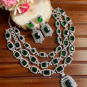 Three layer Emerald Green Faux Diamond High Quality Necklace set Indian Bridal wedding jewellery American diamond Multilayered cz Zircon Necklace Set