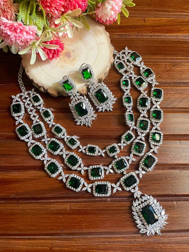 Three layer Emerald Green Faux Diamond High Quality Necklace set Indian Bridal wedding jewellery American diamond Multilayered cz Zircon Necklace Set