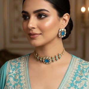May include: A gold-coloured necklace and matching earrings set with square, light blue gemstones. The jewellery is set against a light blue embroidered garment. The earrings are square and the necklace has a central square stone.