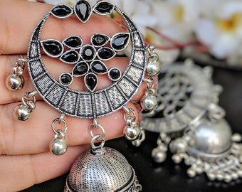 Jhumkas,German silver, oxidised silver, indian jewelry,ethnic jhumkas, stone studded earrings