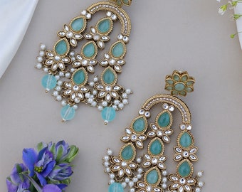 Boucles d'oreilles bleu clair Kundan/ kundan polki/ Mariage pakistanais/ Bijoux de fonction Navratri, tenue Diwali/ Bijoux indiens