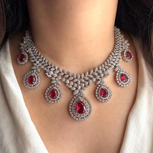 SAMARA Diamond look Ruby Red Necklace set/Indian Bridal jewellery/Cz Necklace and earrings/ prom engagement reception jewelry