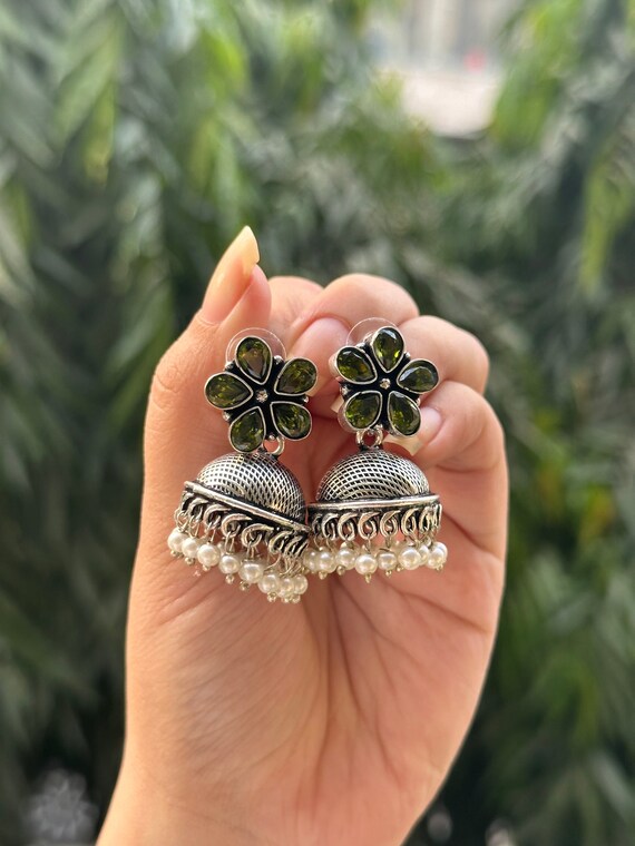 Olive Green German Silver Stone Studded Earrings Light Weight and