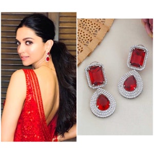 Deepika Padukone inspired Red silver plated dangle earrings,high quality,CZ earrings, zirconia, American diamond, party wear, prom jewellery