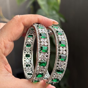 JIYA Emerald green American diamond bangle set , AD bangle set,zircon bangles,bridal,indian bangles, pakistani bangles wedding jewelery
