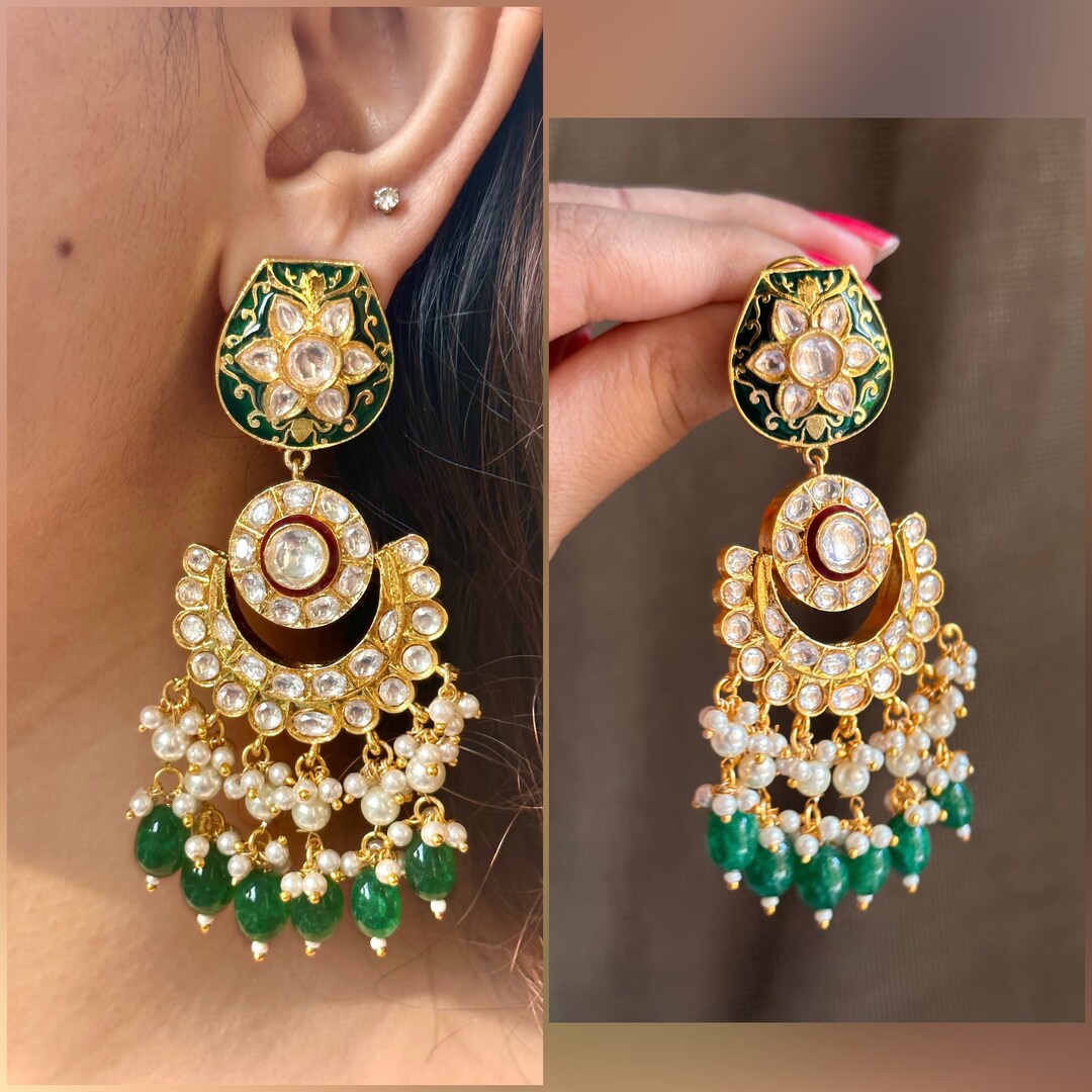 Golden and Green Kundan Polki Earrings main image 0