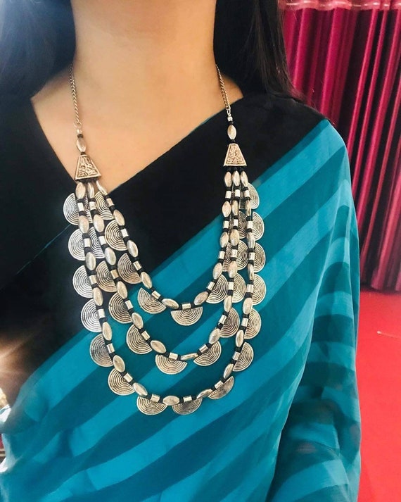 Indian Tribal German Silver Aqua Color Necklace Ethinic Jewelry Set Indian Tribal German Silver Aqua Color Necklace Ethinic Jewelry Set