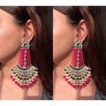 Royal Pink Green Kundan Earrings Pakistani Jewellery Bollywood Fashion Punjabi Attire Party Wear Ethnic Style Mirror Work