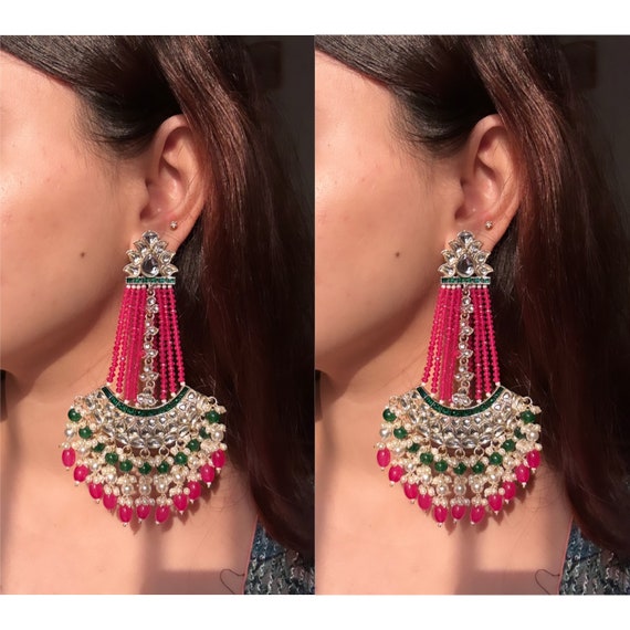Royal Pink Green Kundan Earrings Pakistani Jewellery Bollywood Fashion Punjabi Attire Party Wear Ethnic Style Mirror Work