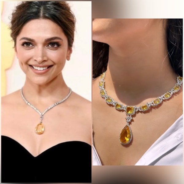 Deepika Padukone Oscar set, Doublet pendant set,bollywood jewellery, zircon,American diamond,deep yellow, wedding jewellery,yellow sapphire