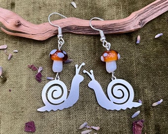 Snail Earrings - Brown Glass Mushroom and Steel Snail Charm Woodland Dangle Earrings - Goblincore Snail Lover Cute Gastropod Gift