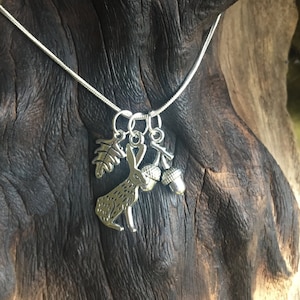 Hare Necklace with Acorn and Oak Leaf Charms - Silver Hare Nature Inspired Jewellery - Moon Gazing Hare Celtic Necklace - Hare Lover Gift