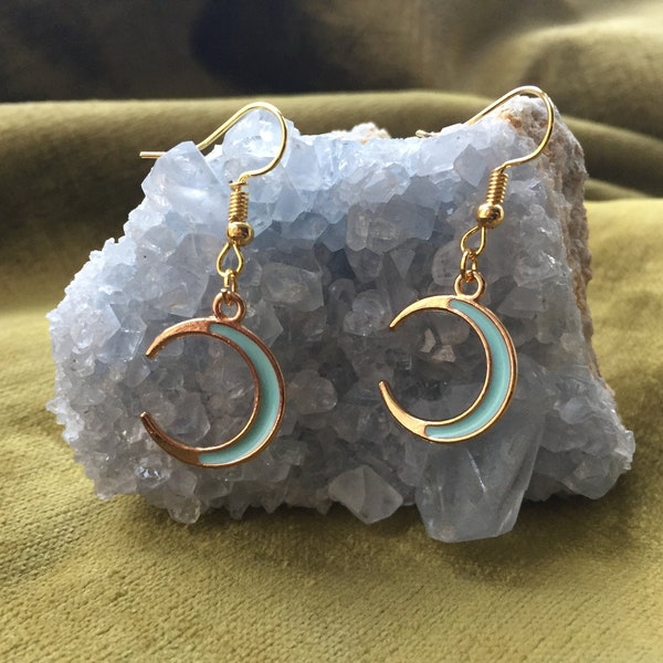 Moon Earrings - Crescent Moon Black, White, Blue Enamel and Gold Celestial Earrings - Dangle Lunar Jewellery - Moon Lover Jewellery Gift