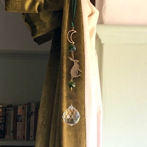 Hare Sun Catcher - Bronze Hare Rainbow Crystal Green Bead and Brass Moon Indoor Glass Hanging Ornament, Wildlife Home Decor Hare Lover Gift