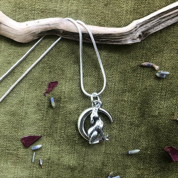 Wolf Moon Necklace - Silver Howling Wolf and Cresecent Moon Silver Plated Charm Necklace - Dark Nature Inspired Gothic Witchy Jewellery Gift