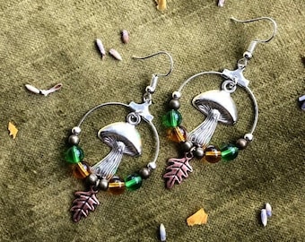 Mushroom Earrings - Silver Mushroom/Toadstool, Yellow and Green Glass, Copper Leaf and Silver Bead Dangle Earrings - Woodland Jewellery Gift