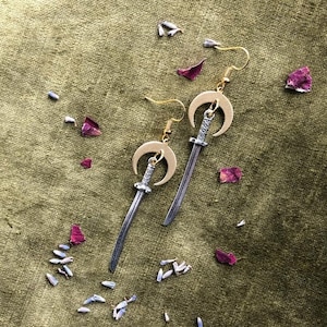 Sword and Moon Earrings - Brass Crescent Moon and Curved Silver Sword Gothic Dangle Earrings - The Sword Tarot Card Inspired Jewellery Gift