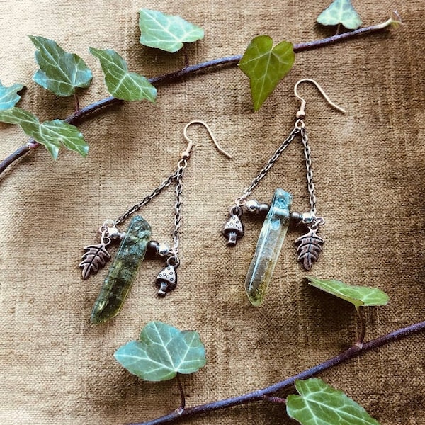 Goblincore Earrings - Moss Quartz, Bronze Mushroom and Leaf Charm Terrarium Inspired Dangle Earrings - Forest Woodland Fairy Jewellery Gift