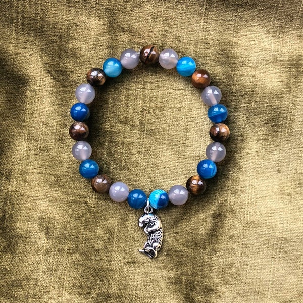 Otter Bracelet - Beaded Gemstone Bracelet with Tiger's Eye, Blue and Grey Banded Agate Stones and Silver Tone Otter Charm - Otter Lover Gift