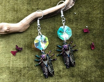Rainbow Cicada Earrings, Iridescent Insect and Faceted Crystal Glass Witchy Dark Cottagecore Earrings, Goblincore Earrings Insect Lover Gift