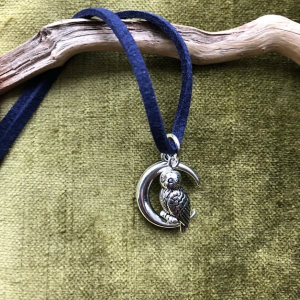 Owl and Moon Necklace - Silver Owl and Crescent Moon Spirit Animal Necklace With Navy Blue Vegan Cord - Wise Owl Woodland Cottagecore gift