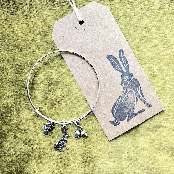 Hare, Acorn and Oak Leaf Expanding Charm Bracelet Silver Bangle with Hand Made Lino Cut Tag - British Woodland & Wildlife - Hare Lover Gift