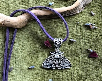 Moth Necklace Purple Vegan Cord, Silver Luna Moth and Moon Phase Charm Jewellery, Witchy Dark Cottagecore, Fairycore Faecore Moth Lover Gift