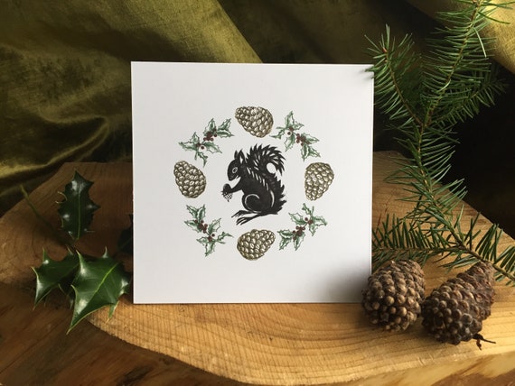 Squirrel Greetings Card, Squirrel, Pine Cone and Holly Lino Cut - Woodland Festive Pagan- Christmas Yule Card Gift and Vegan Compostable Bag