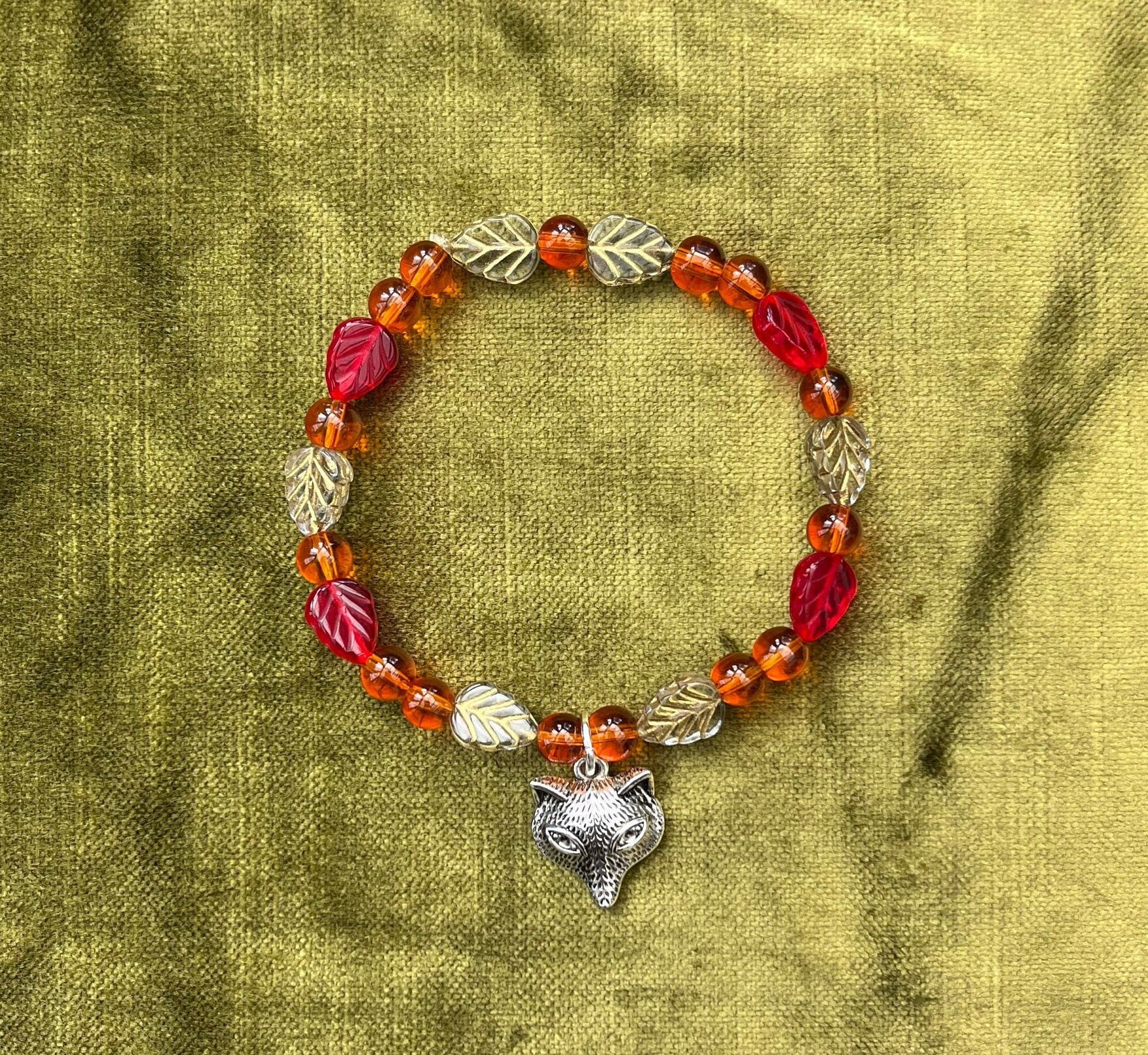 Fox Bracelet - Orange, Red and Gold Czech Glass Leaf Bead Bangle With ...