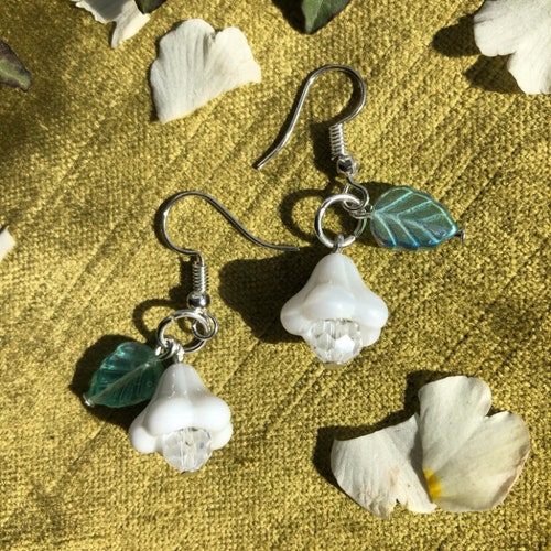 Snowdrop Earrings - Opaque White Glass Bell Flower and Leaf Drop Earrings - Fairycore Spring Easter Woodland Jewellery - Spring Flower Gift
