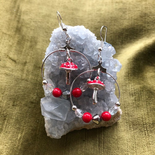 Mushroom Hoop Earrings - Beaded Red and Silver Plated Toadstool Earrings using Repurposed Beads - Cottagecore Mushroomcore Jewellery Gift