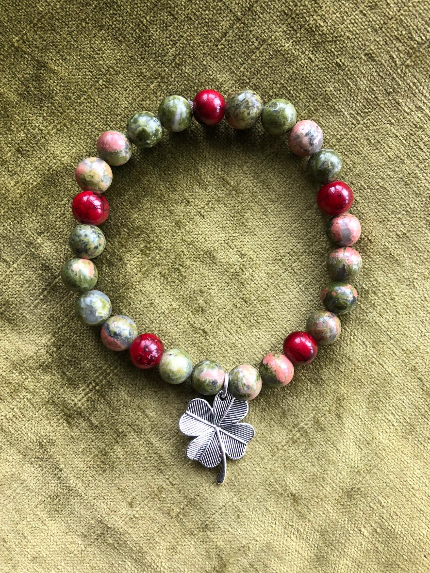 Clover Leaf Beaded Gemstone Charm Bracelet-lucky Four Leaf