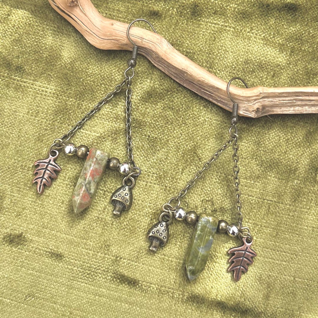 Goblincore Earrings - Moss Unakite, Bronze Mushroom and Leaf