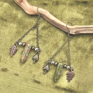 Goblincore Earrings - Moss Unakite, Bronze Mushroom and Leaf Charm Terrarium Inspired Dangle Earrings - Forest Woodland Fairy Jewellery Gift