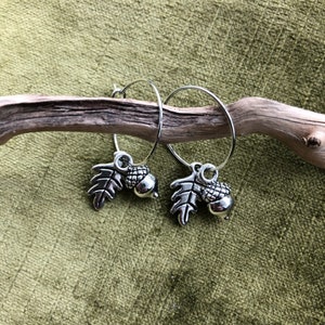 Acorn and Oak Leaf Silver Hoop Earrings - Tiny and Delicate Woodland Charm Earrings - Cute Silver Plated Small Hoops - Cottagecore Gift