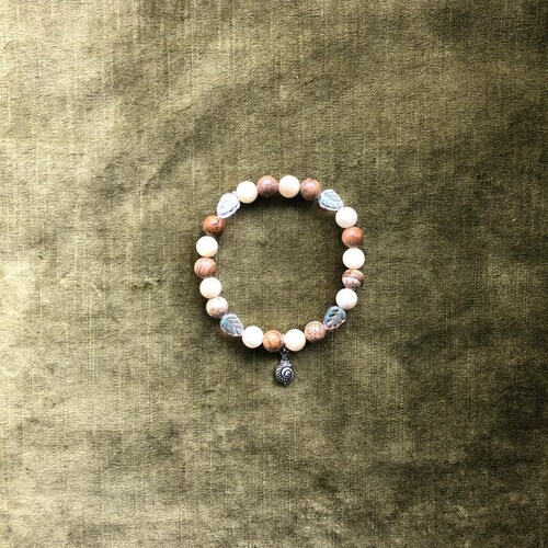 Snail Bracelet - Honey Jade, Picture Jasper and Iridescent Czech Glass Leaf Bead Charm Bracelet - Goblincore Snail Lover Cute Gastropod Gift