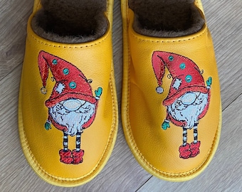 Handmade Leather Slippers: Embroidered Dwarf, Merino Wool Lined