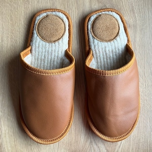 Brown scandinavian slippers for men, leather slippers, merino wool slippers, warm slippers, home slippers, men house shoes up to size 48 EU