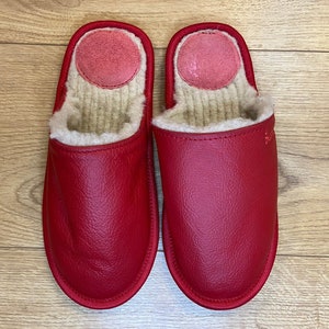 Red leather slippers with wool for women