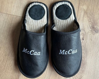 Personalized Leather Slippers for Men: Embroidered Monogram Merino Wool House Shoes