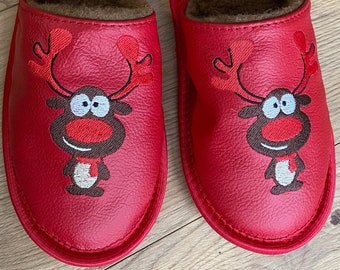 Red Merino Wool Slippers: Embroidered Deer, Cozy Women's Shoes