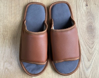 Brown open toe slippers for men, genuine leather slippers, open toe home shoes, brown slides, Father's Day gift