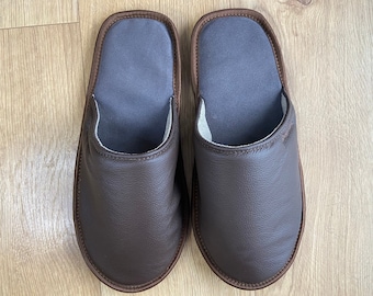 Brown cow leather men's slippers