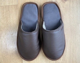 Brown cow leather slippers women
