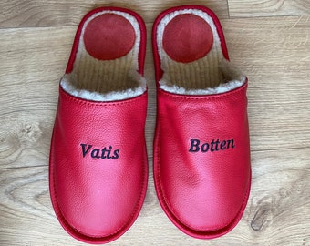 Personalized Red Leather Slippers for Men: Embroidered Name, Men's Home Shoes