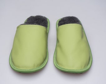 Green women leather slippers with merino wool for spring