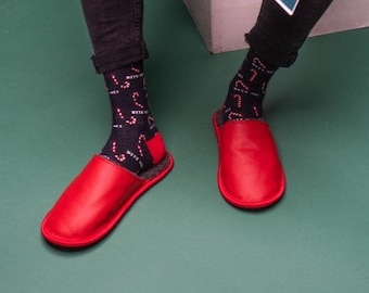 Red leather slippers with wool for men