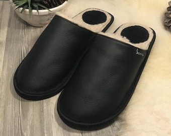 Handmade Leather & Merino Wool Slippers - Cozy Indoor Shoes